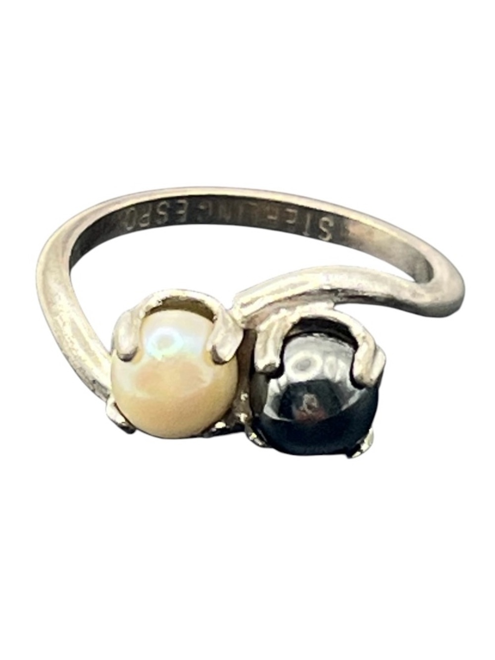 ESPO sterling silver faux pearl black & white bypass ring size 5.5 vintage